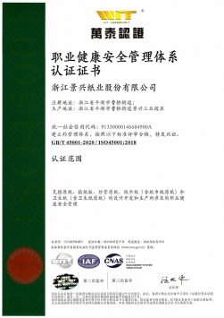 ISO45001職業(yè)健康安全管理體系認(rèn)證證書中文